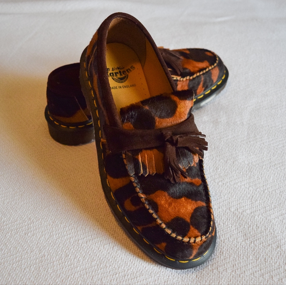 NEW Dr. Martens Adrian ocelot and dark brown hair on tassel animal print loafers